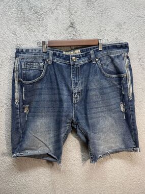 Blue Cult Denim Men's 44 Distressed Raw Hem Embroidered Pocket Jean Shorts Y2K